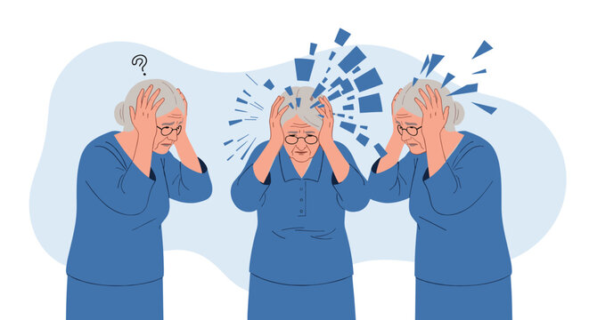 Elderly woman experiences confusion and memory loss shown through three distinct poses representing dementia symptoms.