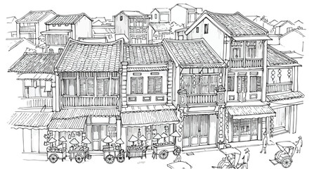 Obraz premium Hand Drawn Asian Old Town Street Scene Vector Illustration