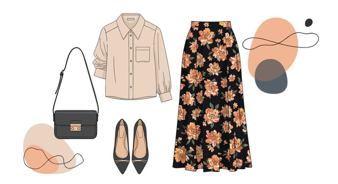 Fashionable women's outfit ensemble displays a beige blouse, floral maxi skirt, black handbag, and elegant flat shoes.