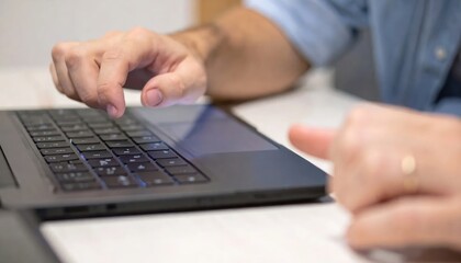 Fototapeta premium Close-up of hands typing on a laptop keyboard.
