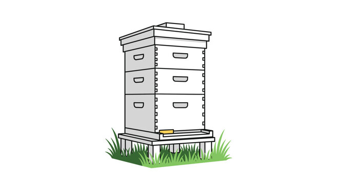 Modern white beehive box for honey production sits on a patch of green grass representing sustainable agriculture.