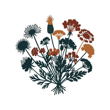 Flowers arranged in a minimalist botanical bouquet display natural elegance through a simple flat illustration style that is perfect for wedding invitations or seasonal greeting card decorative.