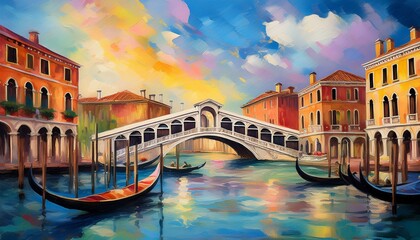 Naklejka premium grand canal and rialto bridge summer sky oil painting
