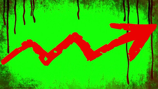 Arrow in red follows a zig-zag upward trend across a distressed green background with dripping paint textures to signify volatile market recovery or complex financial data analysis for presentations.