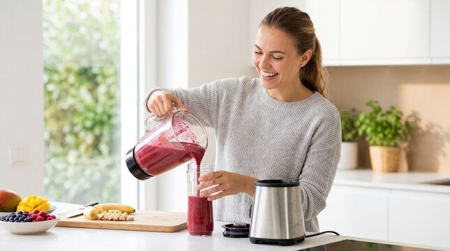 Smiling woman pouring a vibrant homemade fruit smoothie from a blender into a glass in her bright, modern kitchen, embracing a healthy and energetic lifestyle