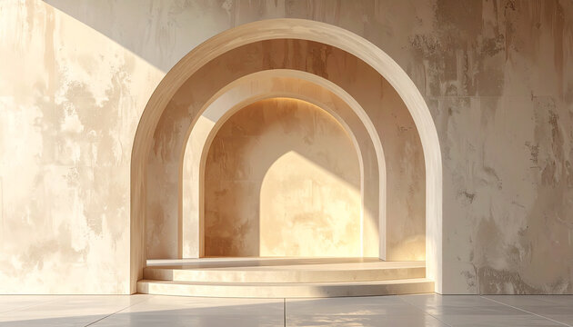 Abstract architectural arches bathed in soft sunlight creating an inviting visual
