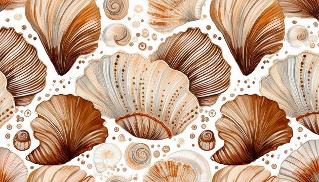 seashell watercolor seamless pattern on white background with soft neutral dots natural spiral shells in warm brown tones suitable for textile wallpaper packaging and coastal branding
