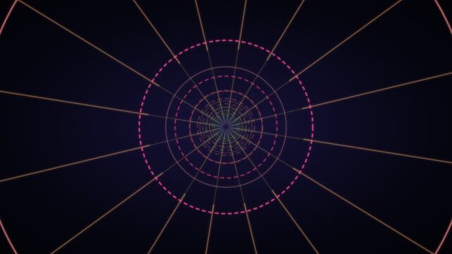 Neon retro sci-fi grid tunnel with rotating geometric circles