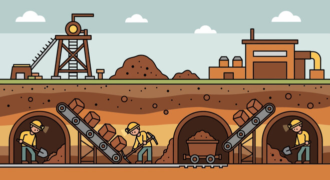 Underground Mining Operation with Conveyor Belts and Workers