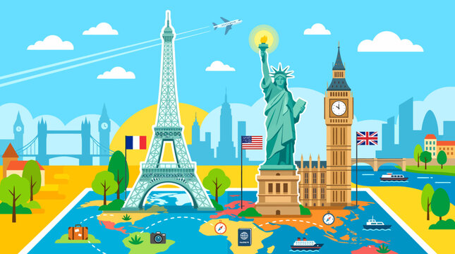 Famous World Landmarks and Travel Destinations on a Map.