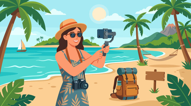 Female tourist vlogging on a tropical beach with a camera and backpack.