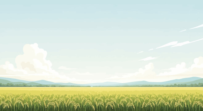 Golden Rice Field Under a Cloudy Sky, Rural Landscape with Mountains and Blue Sky