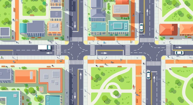 Top-down view of a modern city intersection with traffic, buildings, and parks.
