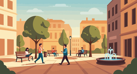 People enjoying a sunny day in a European-style city square with fountain and trees. © Maryati