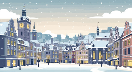 Charming European Town Square in Winter Snowfall © Maryati
