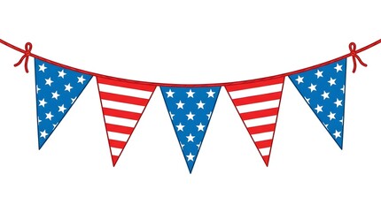 Obraz premium American flag bunting strung on a red cord against a white background celebrating independence day