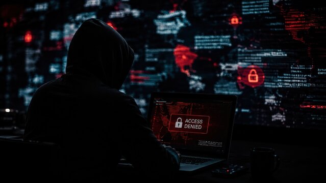 Hacker Facing Access Denied Message on Laptop in Dark Room