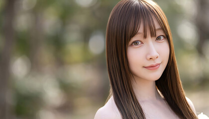 Naklejka premium Close-Up Portrait of a Beautiful Young Asian Woman in Nature