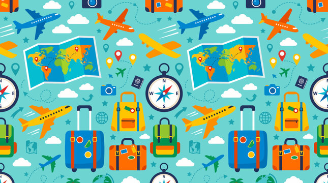 Seamless travel pattern with airplanes maps compasses and luggage for global adventures.