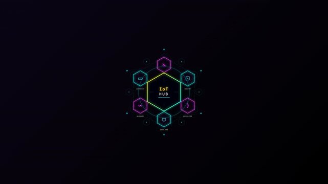 Colorful neon hexagon network motion with interconnected nodes and vibrant glowing lines for digital technology and futuristic concepts.