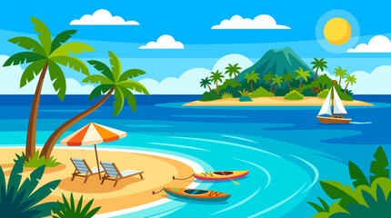 Obraz premium Tropical Beach Paradise with Palm Trees and Kayaks.