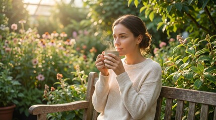 Fototapeta premium Young woman enjoying a moment of tranquility with a warm drink in a sunlit botanical garden, finding peace amidst the lush greenery and soft light