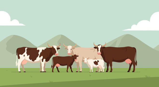 Herd of cows and calves grazing in a green meadow with mountains background