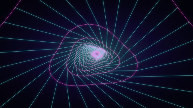 Abstract glowing neon lines form a geometric triangular spiral tunnel
