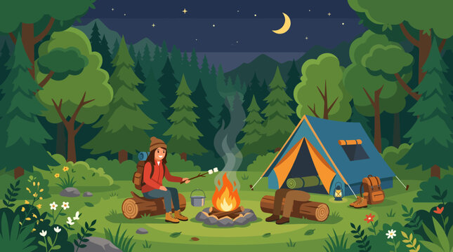 Woman camping at night roasting marshmallows over a campfire.