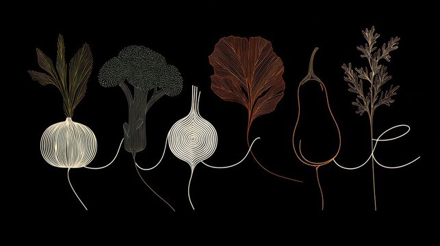 Stylized line art illustrations of assorted edible plants align to form a word against a solid black background.