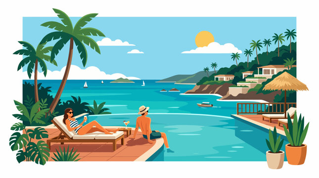 Woman relaxing by the pool on a tropical vacation.