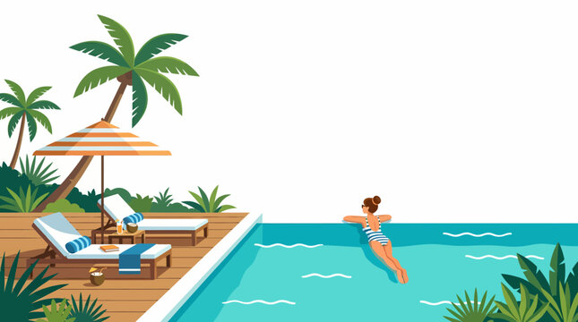 Woman swimming in a luxurious outdoor pool enjoying a refreshing dip on a sunny day.