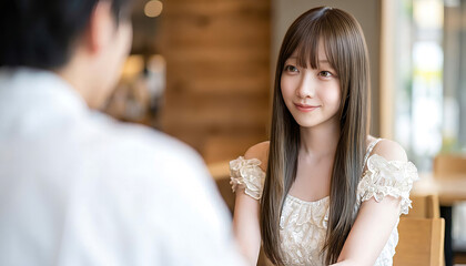 Naklejka premium Young Asian Woman Enjoying a Relaxed Conversation in a Cozy Cafe