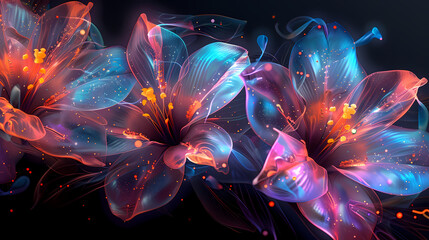 Obraz premium Bioluminescent flower exhibiting translucent petals glowing brilliantly with bioluminescent light, bokeh light particles surround flower enhancing bioluminescent atmosphere.