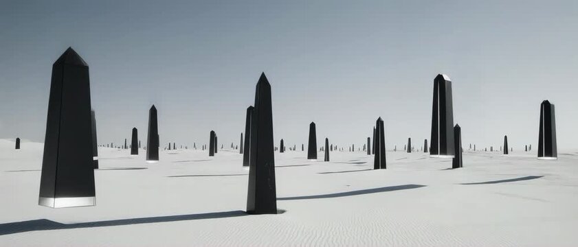 Levitating Black Obelisks Pulsing Light in White Desert