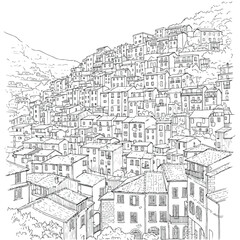 Fototapeta premium Hand drawn vector illustration of a hillside European village sketch