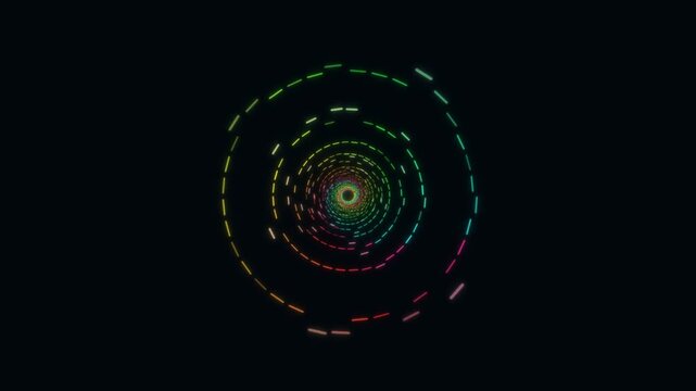 Rainbow neon dashed tunnel animation on black background