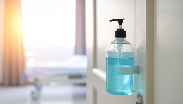 Large clear pump bottle of blue hand sanitizer gel mounted on a wall inside a hospital doorway