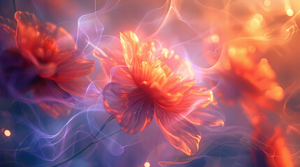 Obraz premium Ethereal flower with flowing light surrounded by flowing light energy that dances gracefully around petals, flowing light energy creates sense of magical and dynamic movement.