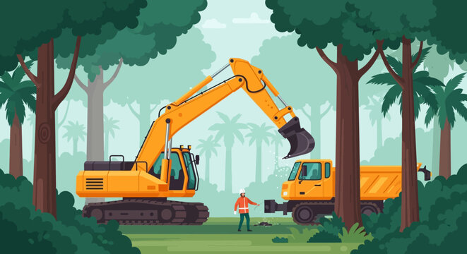 Tree cutting in rainforest with excavator and truck
