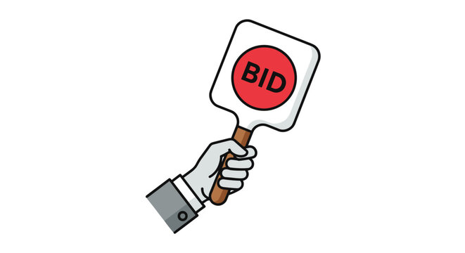 Hand of a person wearing a business suit holds up a white bidding paddle with a red circle and the word bid during a professional auction.