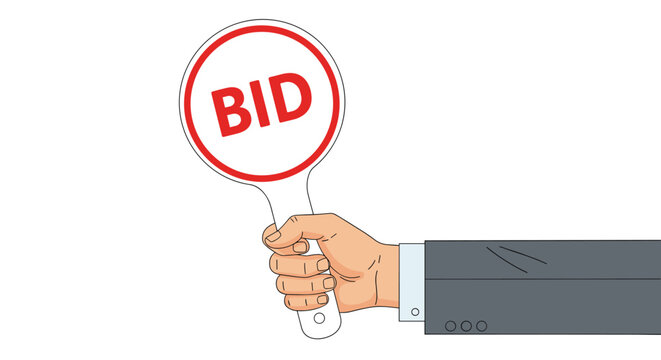 Professional hand in a grey suit sleeve holds a round white bidding sign with the word bid written in bold red letters for an auction event.