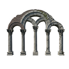 Obraz premium Old stone roman arcade with columns and round arches representing ancient historical architecture isolated on transparent background