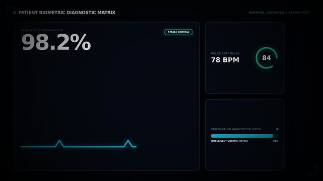 Dynamic motion of digital health monitoring interface showcasing real-time vital signs and data analytics in a futuristic medical environment.