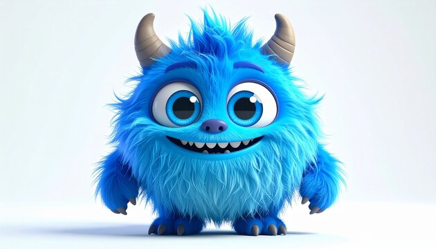 Cute fluffy blue monster cat character inspired by playful animated monster world, big expressive eyes, tiny horns, soft furry texture, cheerful smile, colorful cartoon style, isolated on white backgr