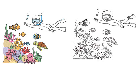 Cute boy snorkeling and diving underwater with sea animals turtle octopus and coral reef, set of colored illustration and black white coloring page for kids activity vector © SHOHAG