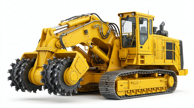 Powerful yellow heavy-duty industrial land stabilizer vehicle for soil compaction and earthwork construction projects, isolated on white studio background