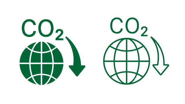 Solid and outline green global CO2 reduction icons with arrows