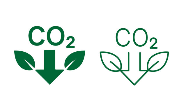 Solid and outline green CO2 reduction icons with leaves and arrows