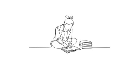Obraz premium Continuous line drawing of a woman sitting on the floor reading a book with a stack of books next to her